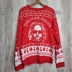 Red 'The Dude Abides' Graphic Holiday Sweater. The Big Lebowski.